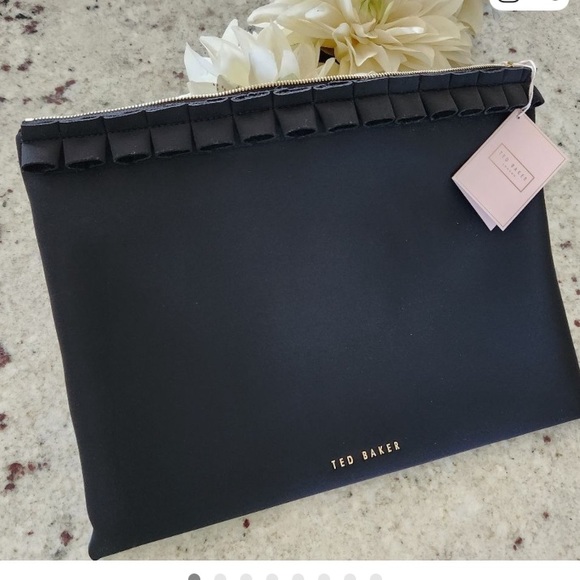 Ted Baker Handbags - Ted Baker Black Ruffle Extra Large Zipper Tote Laptop/ Cosmetic Pouch NEW